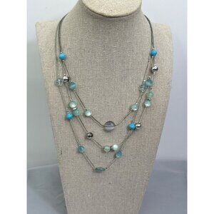 Multi-Strand Silver Necklace With Aqua & Silver Beads